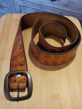 Boho, Vintage Brownish Leather Belt With Red Detail And Brass Buckle 43" Long